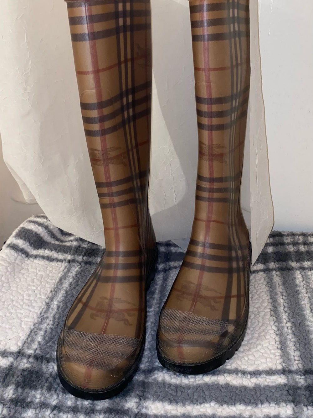 Burberry Beige Plaid Tall Rain Boots